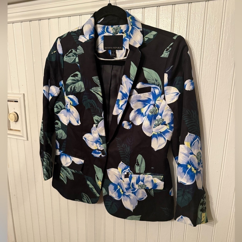 Banana Republic Linen Blend Tropical Floral Petite Blazer